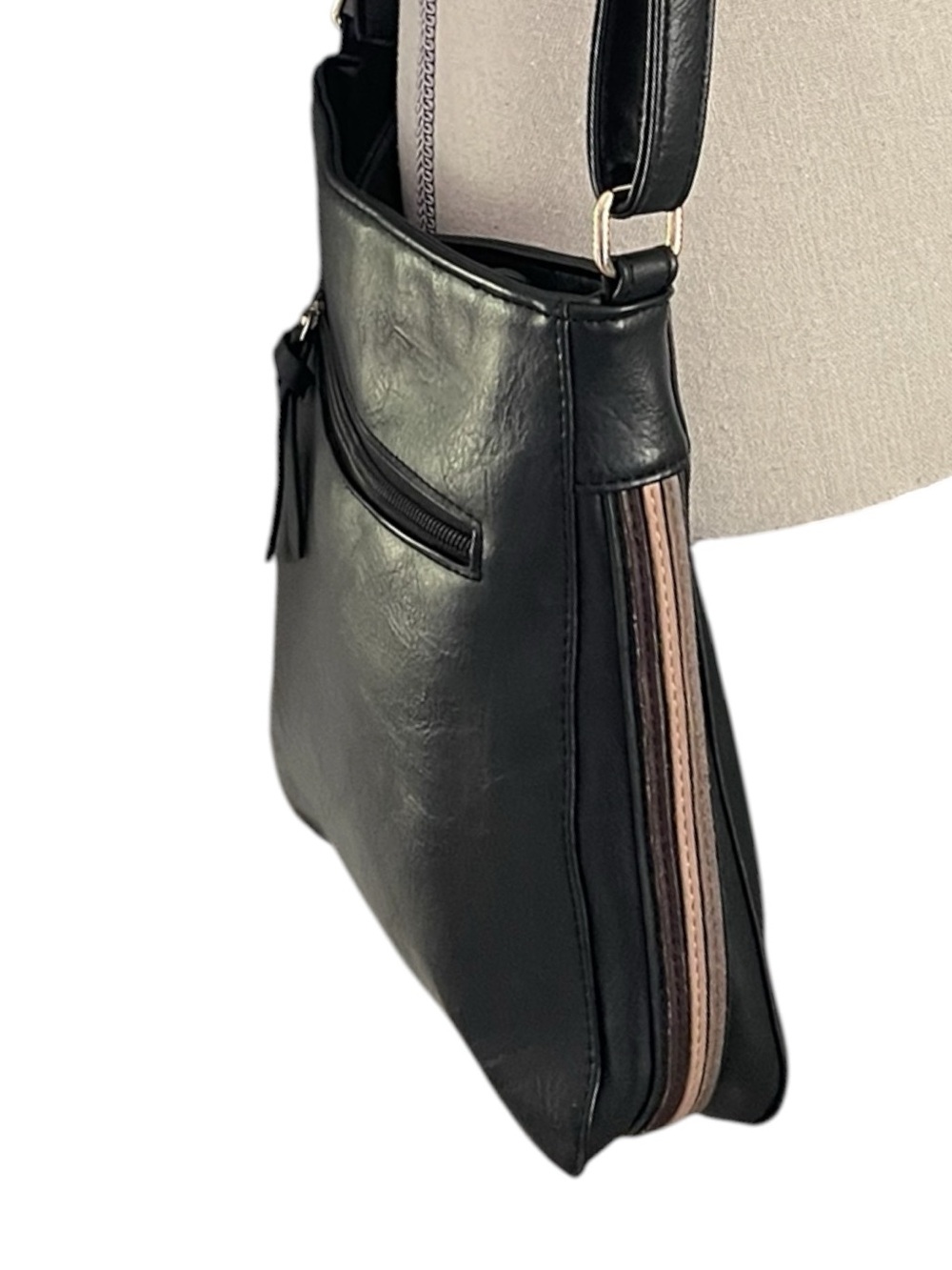 Mia & Luca Black Brown Side Stripe Accent Vegan Leather Crossbody Bag